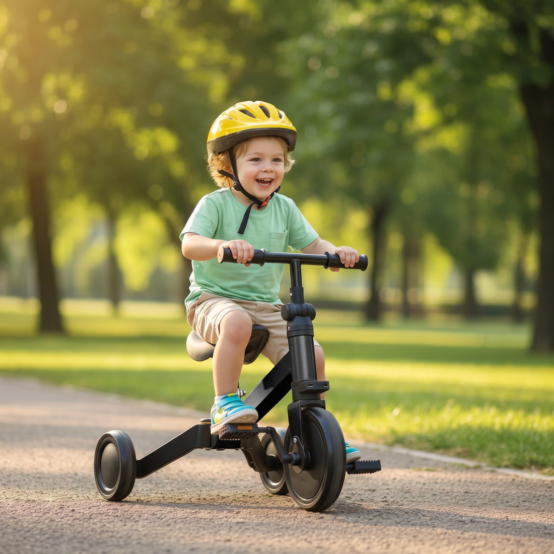 Niño con casco en la Bicicleta Triciclo 3 en 1 negra