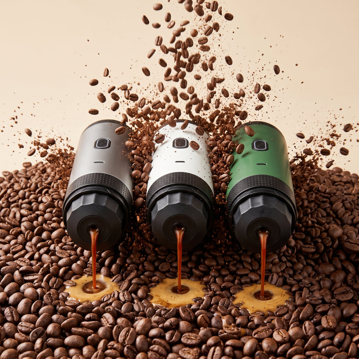 Las tres Presura, gris grafito, blanca y verde, extrayendo espresso sobre granos de café